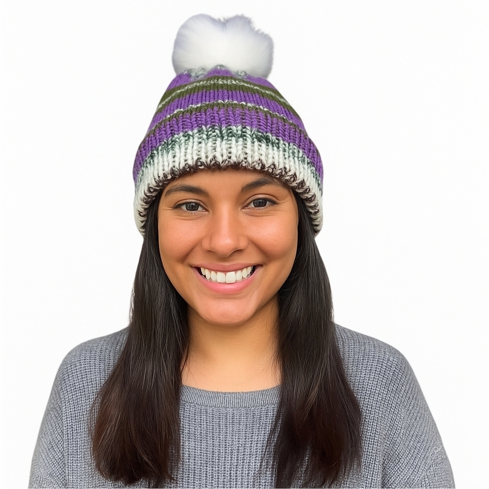Cozy Faux Fur Pom Pom Knit Hat Adult Size